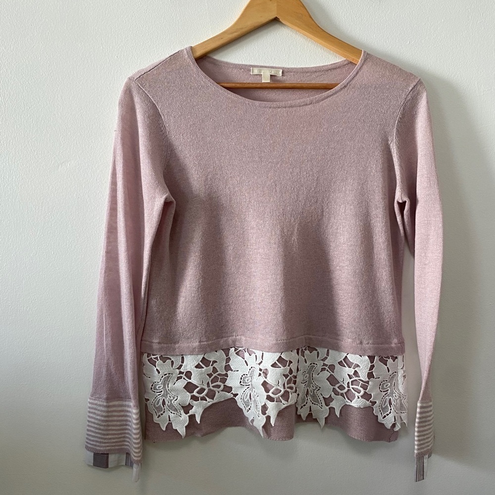 Lisa Todd Crochet Linen cotton blend long sleeves Lavander/pink